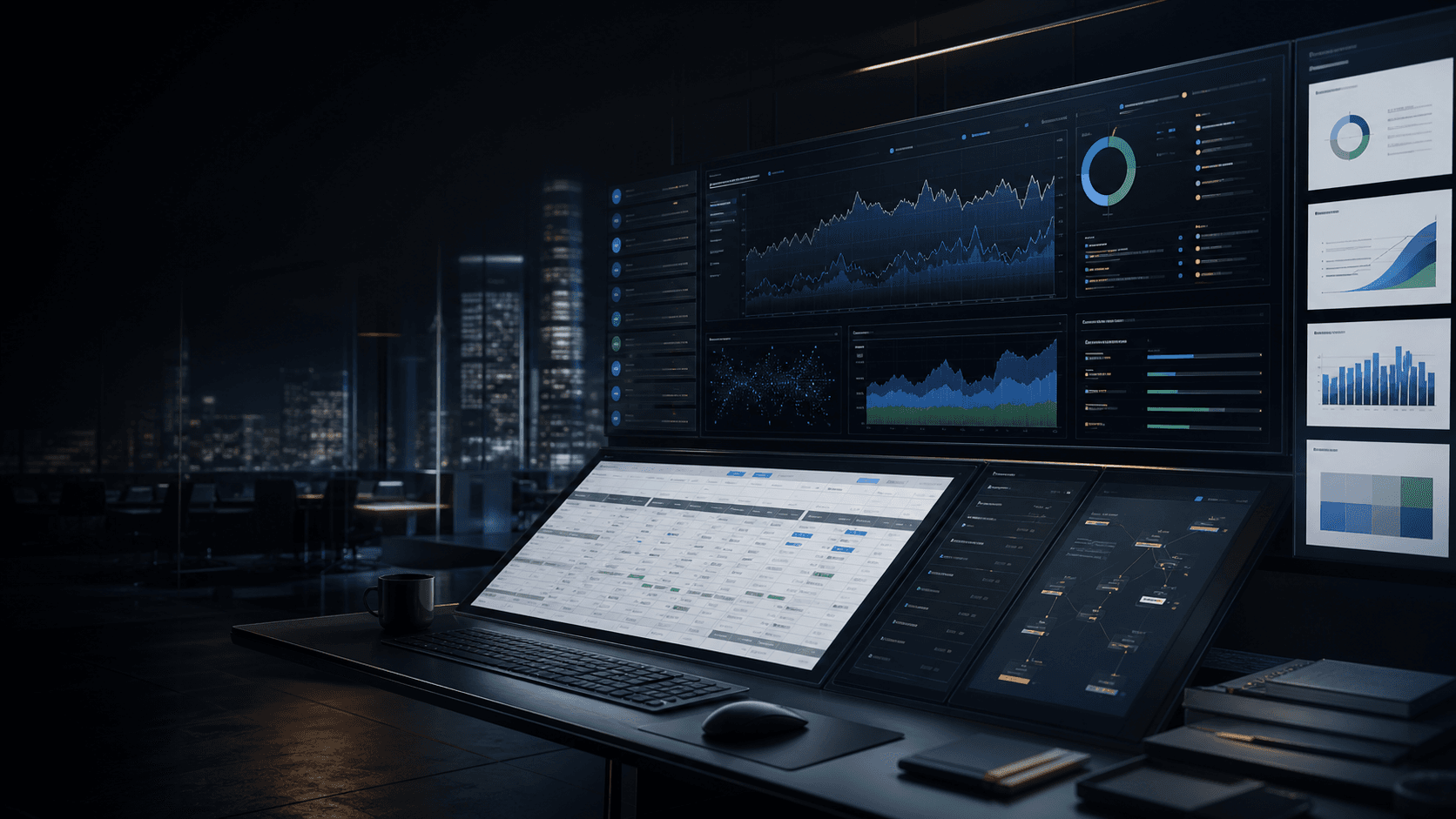 Institutional financial modeling workspace with spreadsheet, report, presentation, and source-review surfaces